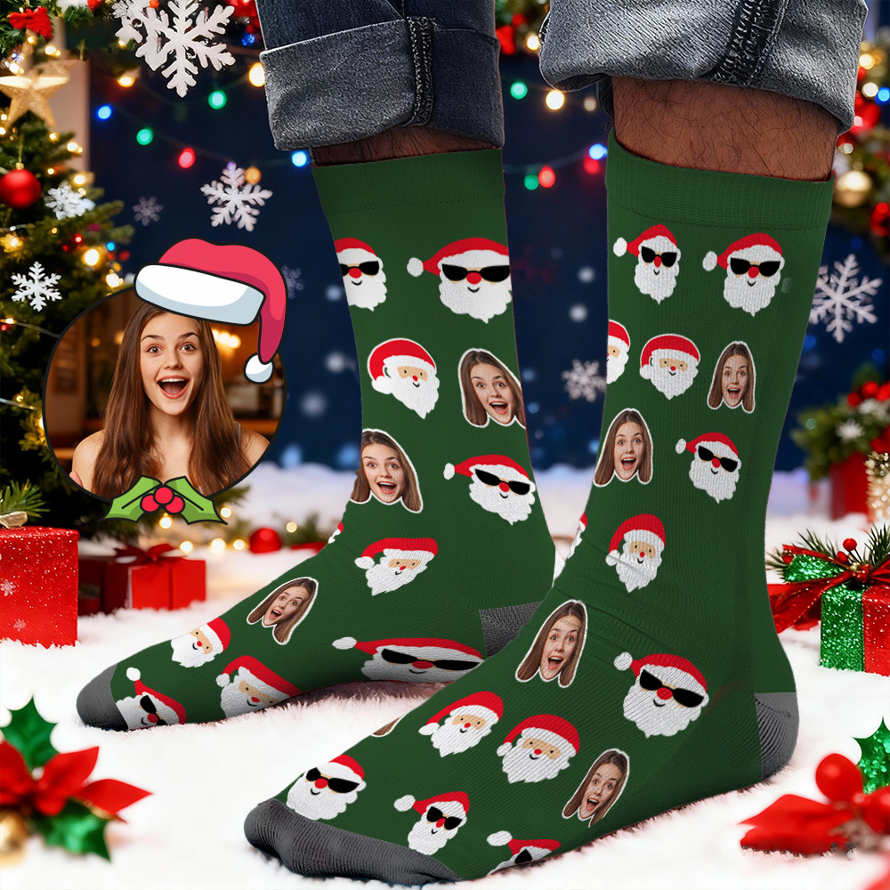 Custom Face Printed Socks Snowflake Santa Claus Face Socks Personalized Custom Designs Best Santa Gift Idea - MyFaceSocksAU