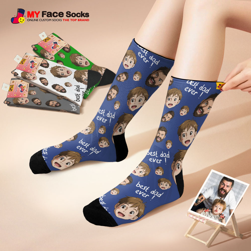 Custom Cartoon Dad Photo Print Socks Colorful Grey Blue Socks Personalized Custom Design Best Fathers Day Gift - MyFaceSocksAU