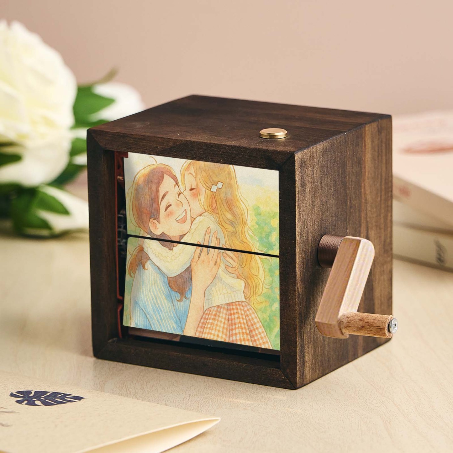 Custom Anime Hand-Crank Flipbook Box Mechanical Hand-cranked Photo Album with Light Walnut Baby Photo Cube Frame Creative Gift - MyFaceSocksAU
