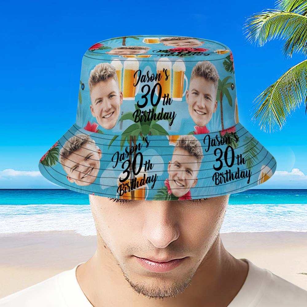 Custom Face Birthday Bucket Hat Unisex Face Personalized Outdoor Summer Age and Birthday Hawaiian Hats Gift - MyFaceSocksAU