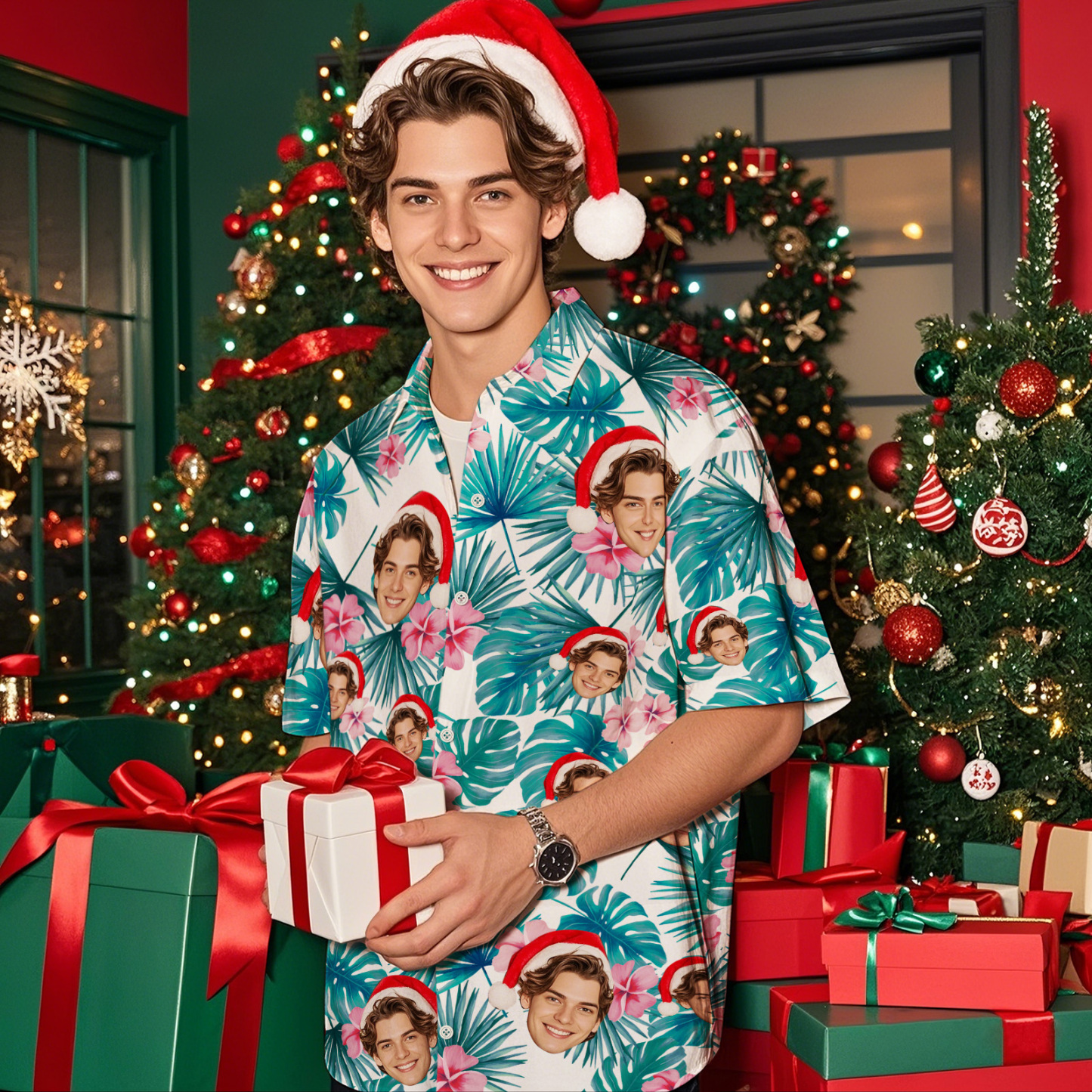 Custom Face Hawaiian Shirt Personalized Xmas Lights Flamingo Flowers And Leaves Beach Holiday Christmas Face Hawaiian Shirt - MyFaceSocksAU