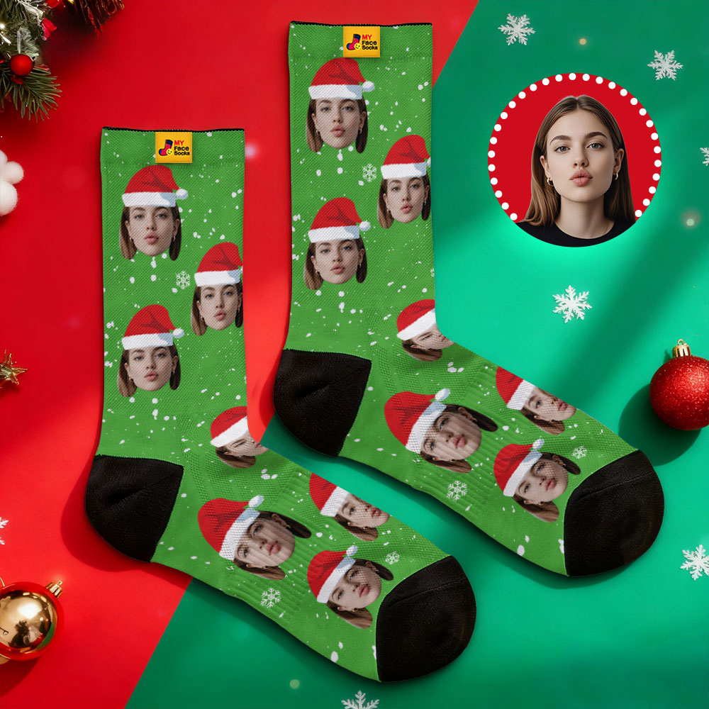 Personalized Christmas Socks Black SantaPhoto Socks Custom Christmas Socks Gift for Family Couple - MyFaceSocksAU