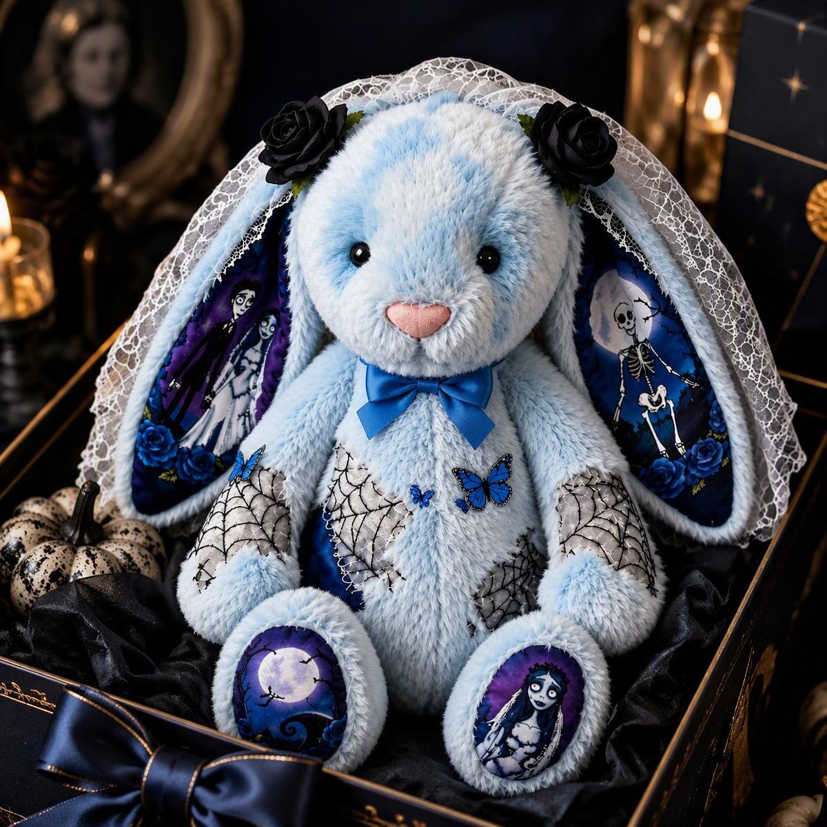 Gothic Blue Plush Bunny Doll with Character Print Ears and Feet – Halloween Gift for Teens & Adults - MyFaceSocksAU