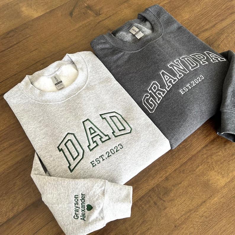 Custom Embroidered Sweatshirt, Name On Sleeve With Heart, Grandpa Shirt With Date, Daddy Est Year Shirt, Gift For New Dad, Father's Day Gift-MyFaceSocksAu