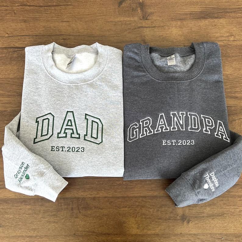Custom Embroidered Sweatshirt, Name On Sleeve With Heart, Grandpa Shirt With Date, Daddy Est Year Shirt, Gift For New Dad, Father's Day Gift-MyFaceSocksAu
