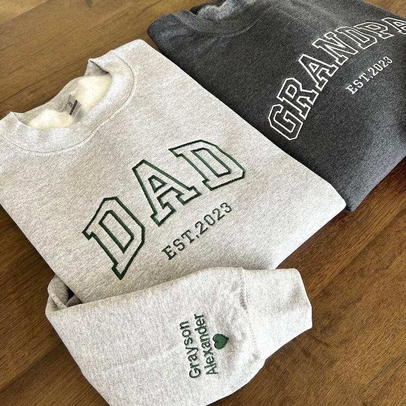 Custom Embroidered Sweatshirt, Name On Sleeve With Heart, Grandpa Shirt With Date, Daddy Est Year Shirt, Gift For New Dad, Father's Day Gift-MyFaceSocksAu