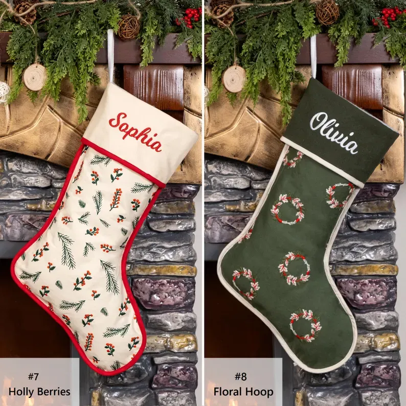 Personalized Christmas Stockings Embroidered Rustic Stocking With Hemmed Edges for Family Custom Name Vintage Stockings Farmhouse Xmas Decor - MyFaceSocksAU