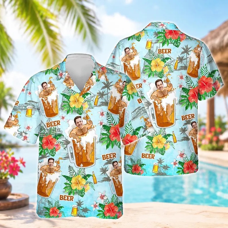 Personalized Hawaiian Shirt with Photo, Personalized Beer Shirt, Funny Gift for Beach Vacation - MyFaceSocksAU