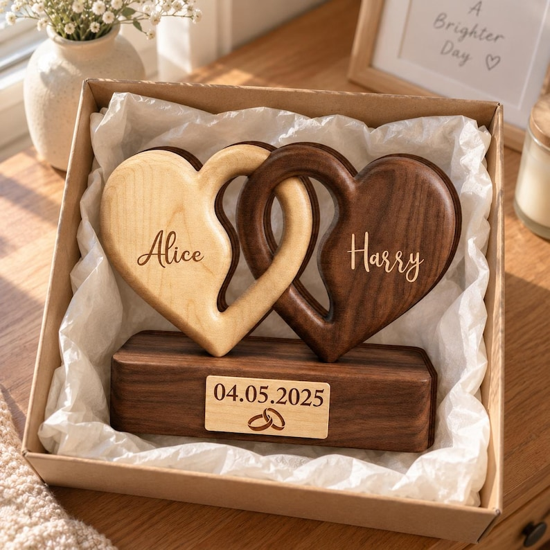 Interlocking Hearts Wooden Plaque - Personalized Anniversary Gift for Couples, Wedding Keepsake for Him & Her - MyFaceSocksAU