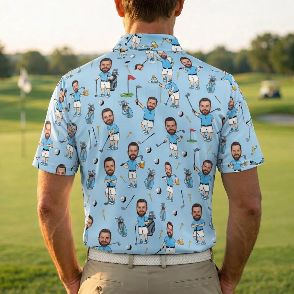 Personalized Face Photo Golf Polo Shir, Father's Day Gifts, Funny Polo Shirt for Golfer, Custom Face Photo Polo Shirt, Photo Golf Polo Shirt - MyFaceSocksAU