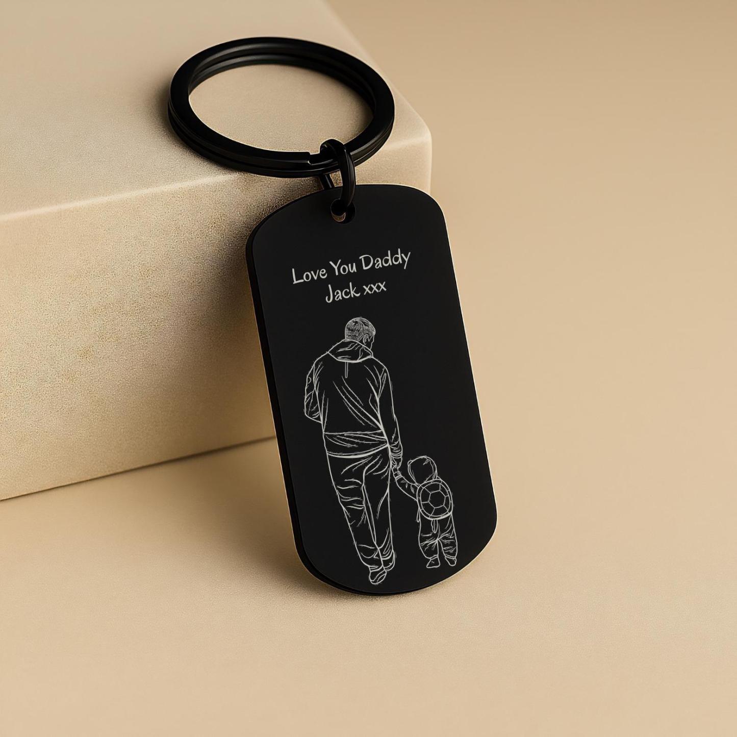 Personalised Photo Keychain Custom Engraved Sketch Keyring for Dad Memorial Stainless Steel Keepsake Birthday Gift for Him - MyFaceSocksAU