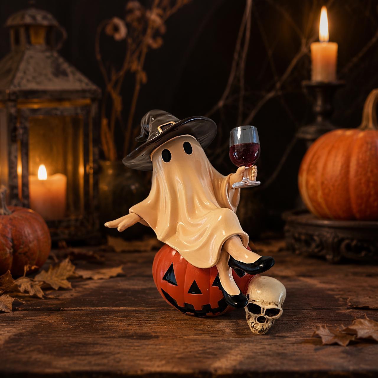 Halloween Ghost Statue with Wine Glass - Spooky Decor for Home, Party & Gift Giving - MyFaceSocksAU