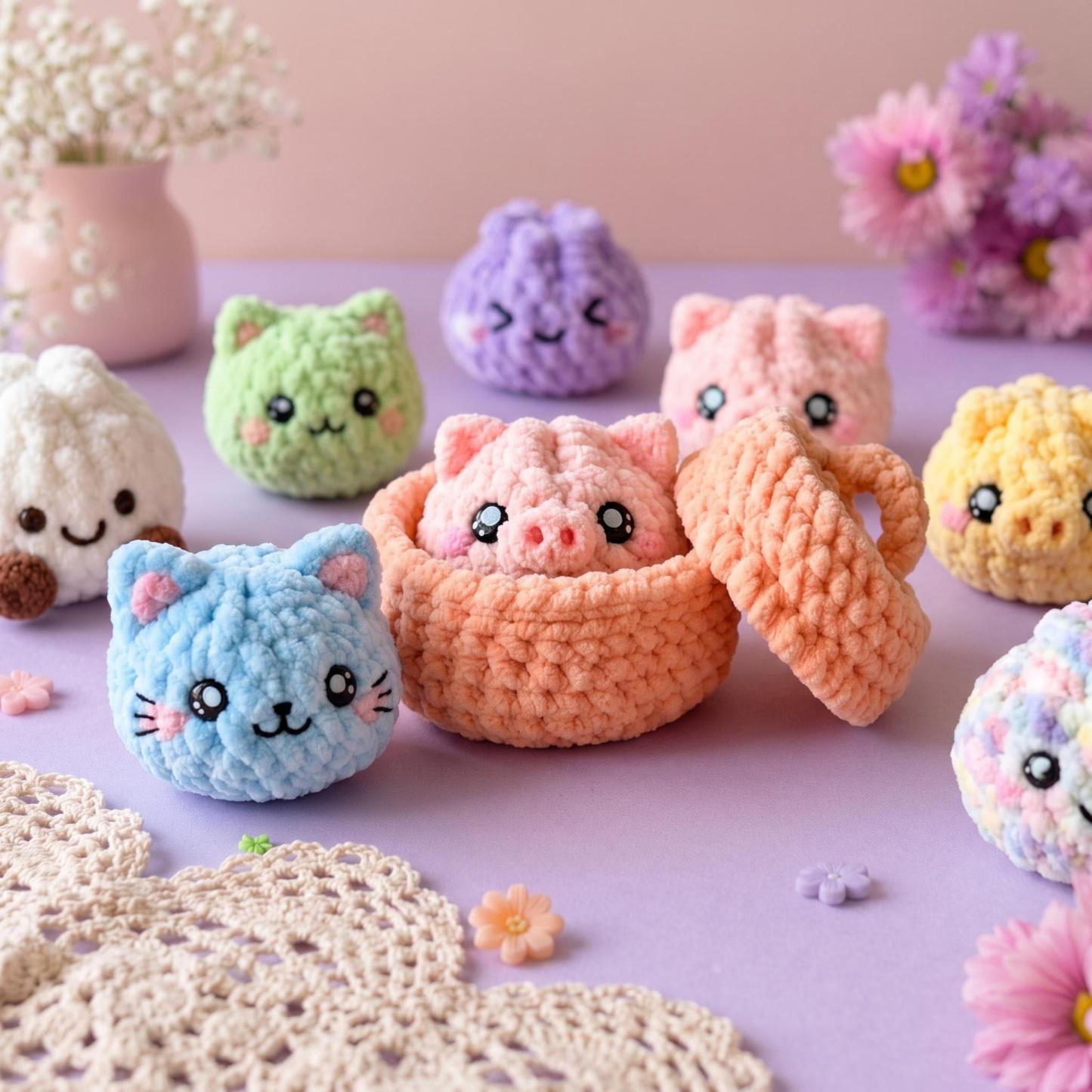 Handmade Crochet DIY Kit – Adorable Dumpling & Pig Steamer Set for Beginners, Soft Yarn Craft Project - MyFaceSocksAU