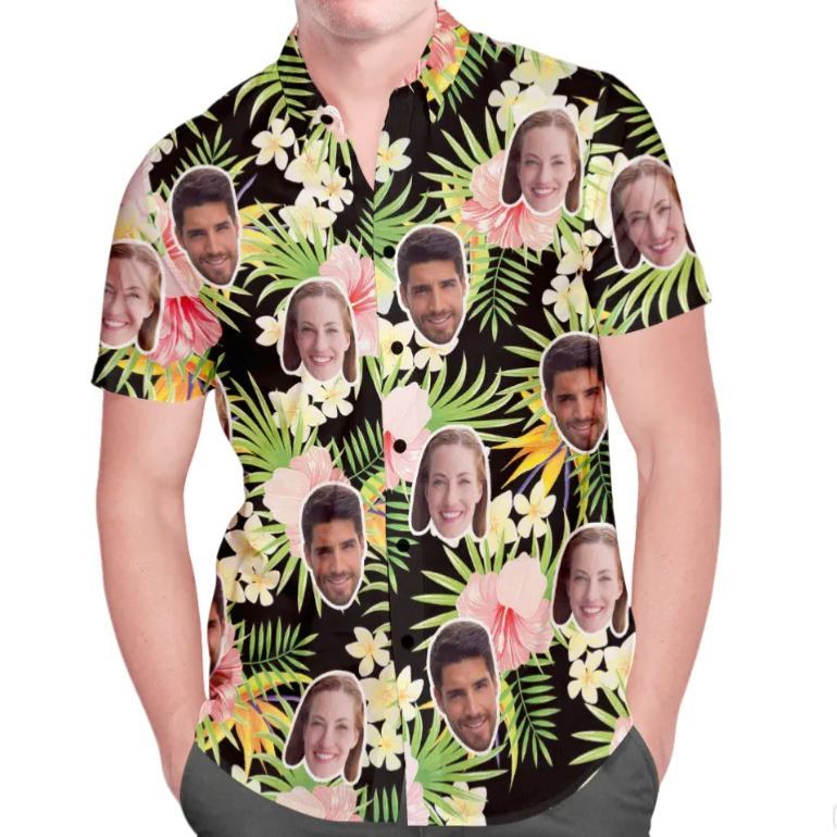 Custom Face Hawaiian Shirt All Over Print Men's Shirt Red Hibiscus