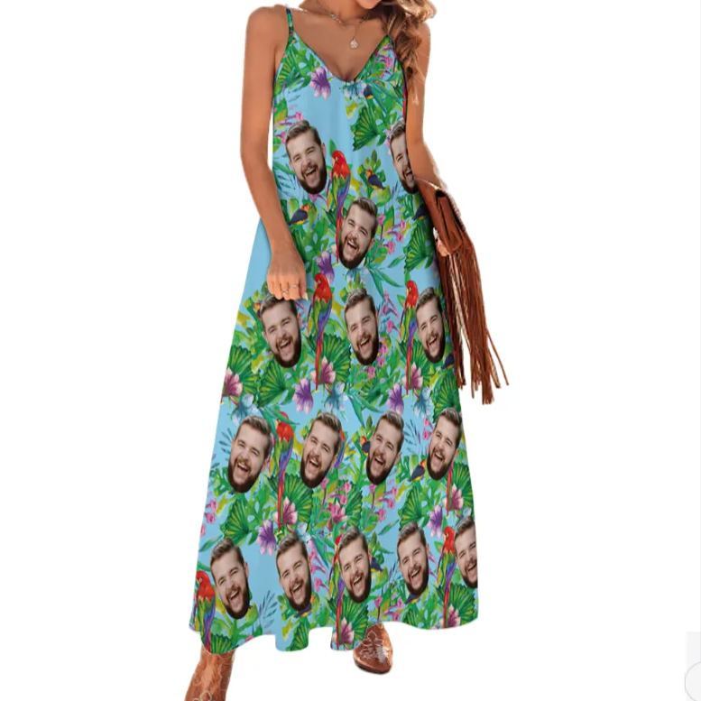 Custom Face Sling Hawaiian Style Long Dress Colorful Parrot