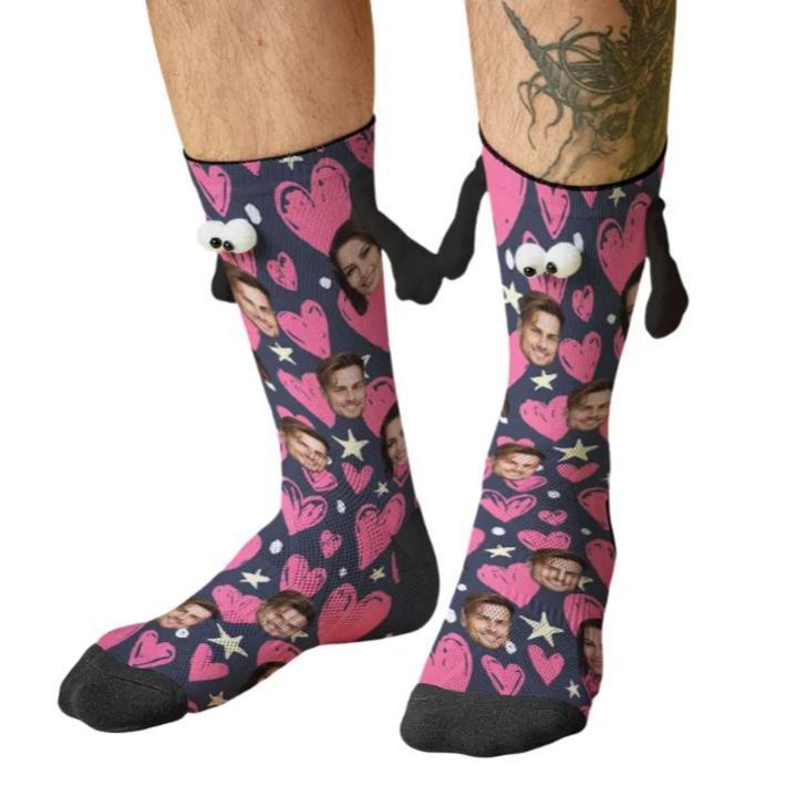 Custom Face Socks Funny Doll Mid Tube Socks Magnetic Holding Hands Socks Happy Valentine's Day