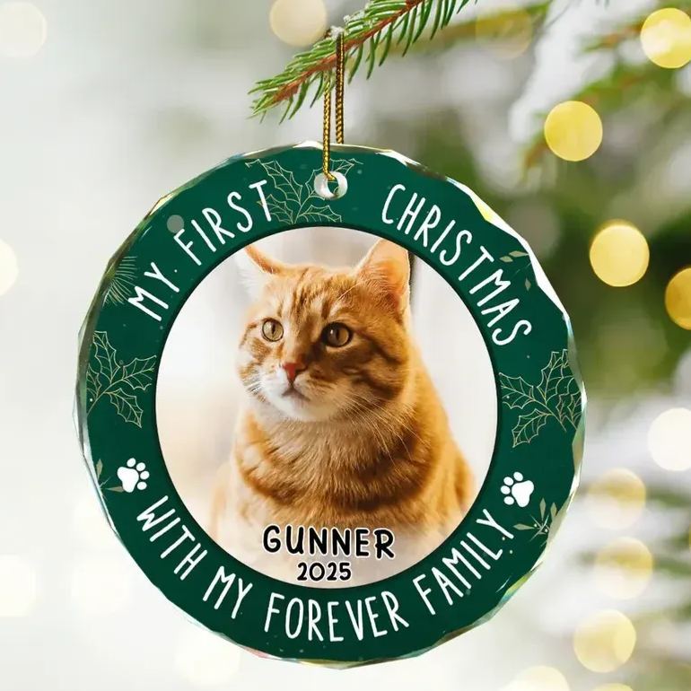 Custom Photo First Christmas Pet Lovers - Personalized Circle Glass Ornament - MyFaceSocksAU