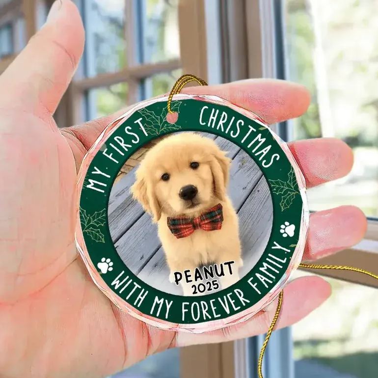 Custom Photo First Christmas Pet Lovers - Personalized Circle Glass Ornament - MyFaceSocksAU