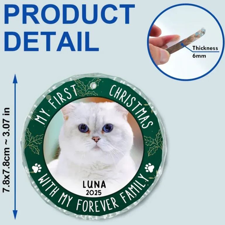 Custom Photo First Christmas Pet Lovers - Personalized Circle Glass Ornament - MyFaceSocksAU