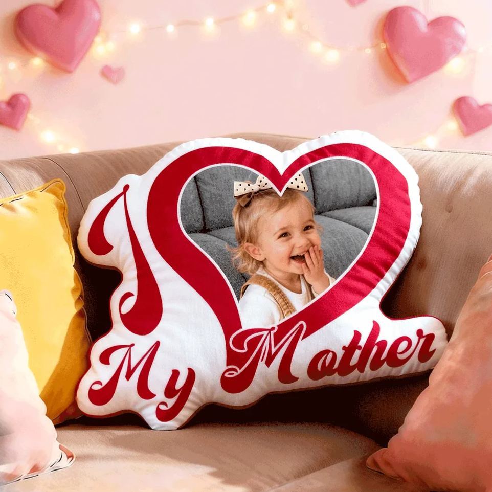 Custom Couple Photo Pillow – Red Heart-shaped Personalized Pillows For Mother’s Day Gift - MyFaceSocksAU