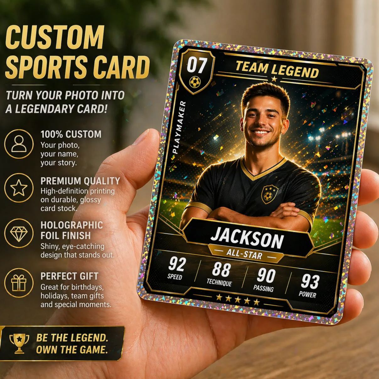 Custom Team Legend Football Card – Holographic Player Stats Keepsake Personalized All-Star Gift - MyFaceSocksAU
