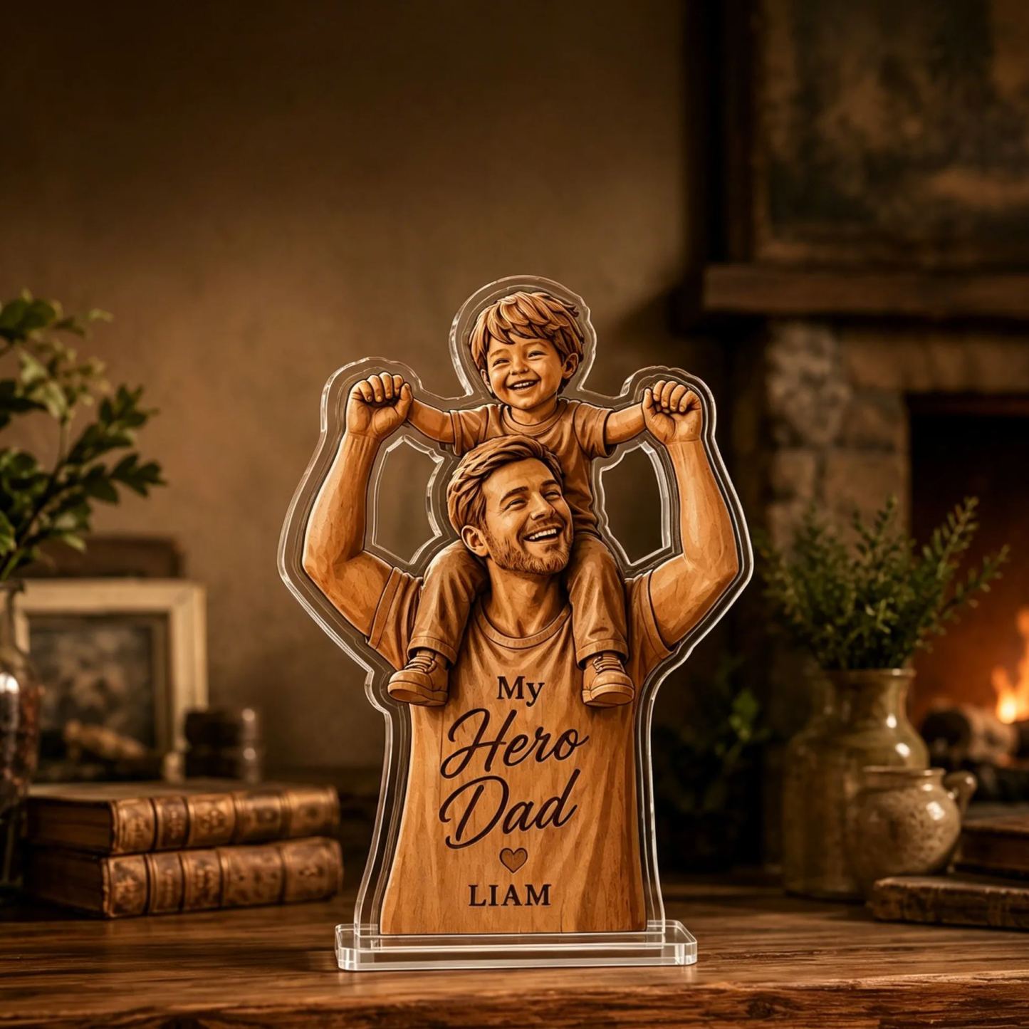 Personalized My Hero Dad 2D Acrylic Plaque, Custom Name Father Son Woodcut Style Keepsake, Thick Clear Acrylic Father’s Day Gift, Desk Decor for Dad - MyFaceSocksAU