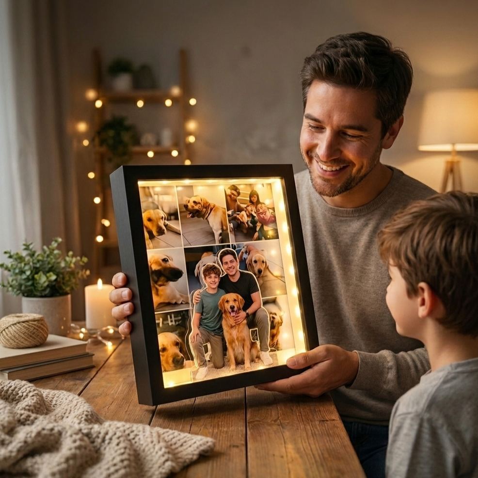Personalized Photo Light Box, Custom LED Picture Frame with Multiple Pictures, Unique Family & Pet Memorial Gift for Dad, Mom, Anniversary Fathers Day Gift - MyFaceSocksAU