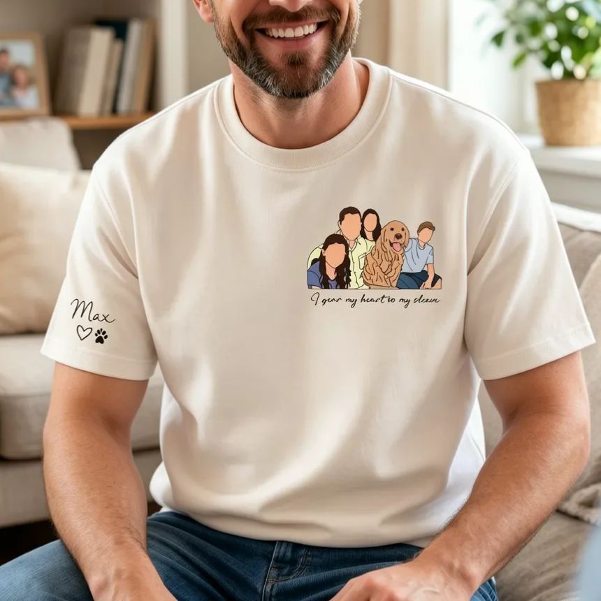 Personalized T Shirt Family Portrait with Custom Names On The Sleeve Perfect Gift for Family - MyFaceSocksAU