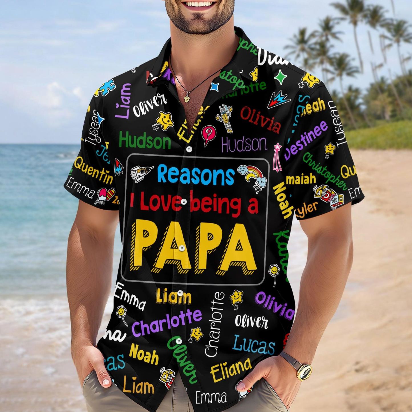 Personalized Papa Kids Name Word Art Hawaii Shirt - Gift For Dad, Father's Day Gift - MyFaceSocksAU