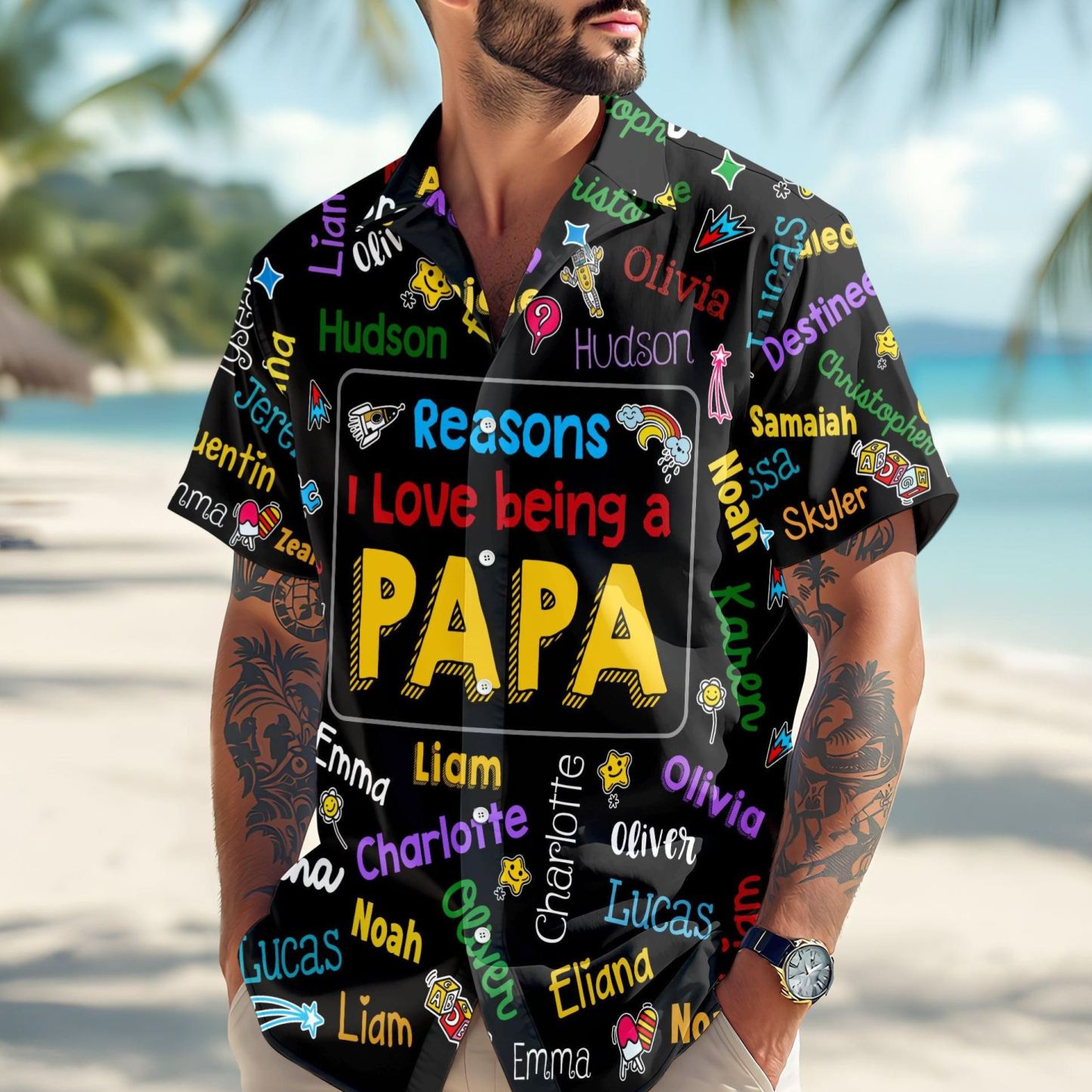 Personalized Papa Kids Name Word Art Hawaii Shirt - Gift For Dad, Father's Day Gift - MyFaceSocksAU