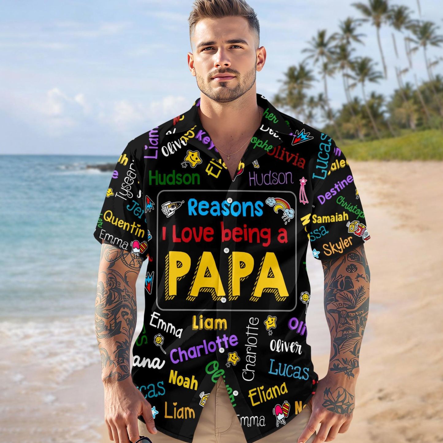 Personalized Papa Kids Name Word Art Hawaii Shirt - Gift For Dad, Father's Day Gift - MyFaceSocksAU
