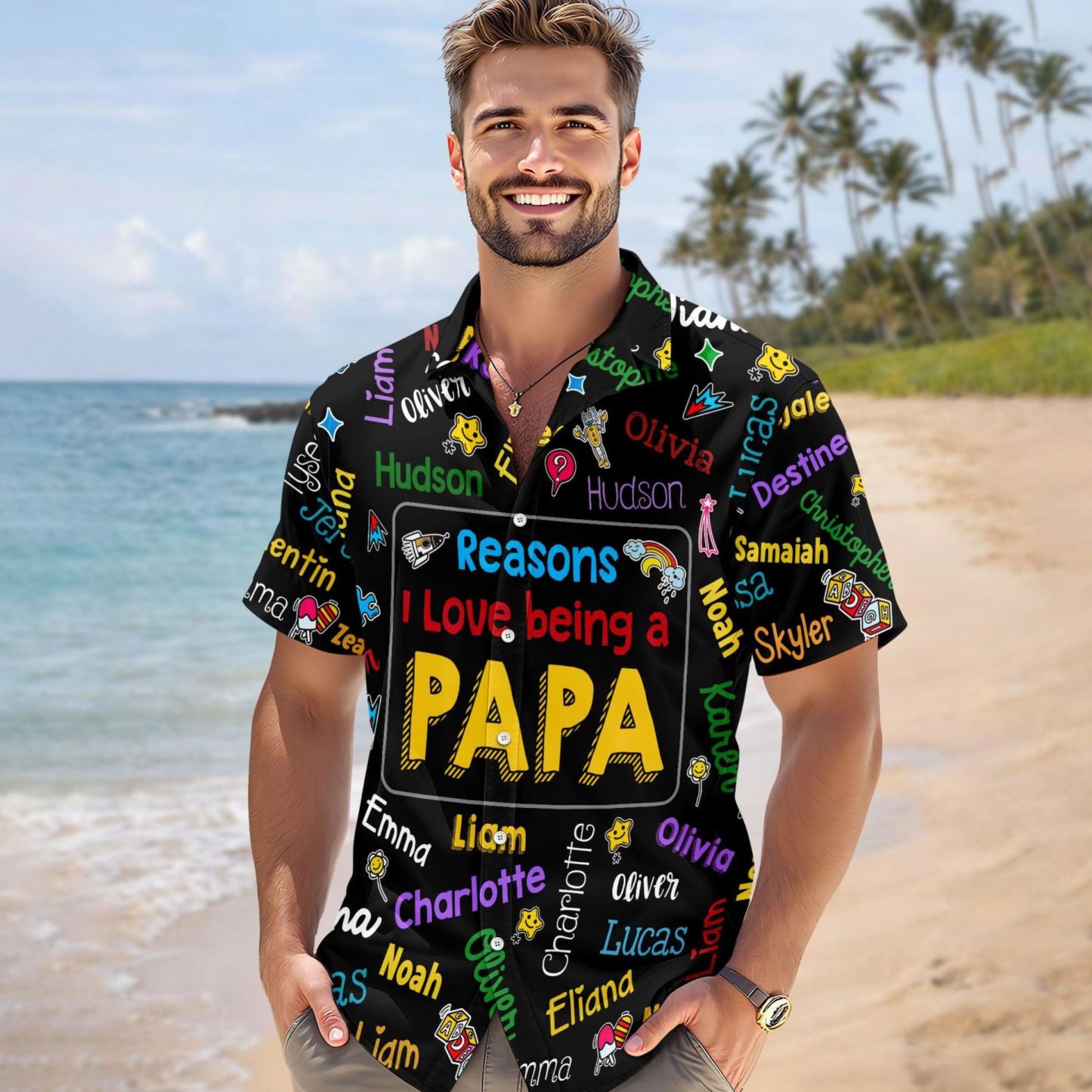 Personalized Papa Kids Name Word Art Hawaii Shirt - Gift For Dad, Father's Day Gift - MyFaceSocksAU