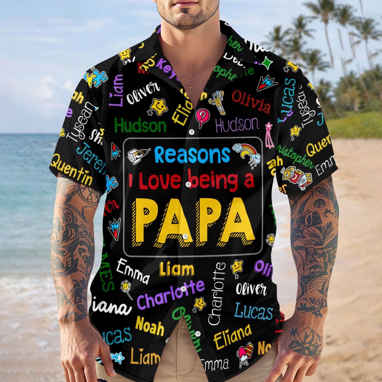Personalized Papa Kids Name Word Art Hawaii Shirt - Gift For Dad, Father's Day Gift - MyFaceSocksAU