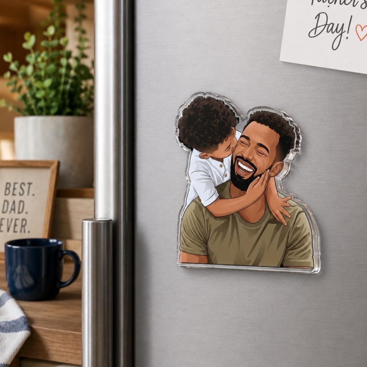 Personalized Portrait From Photo Dad And Kids Magnet: Custom Dad Photo Magnet, Fathers Day Gift For Dad, Gift For Husband, New Dad Gift - MyFaceSocksAU