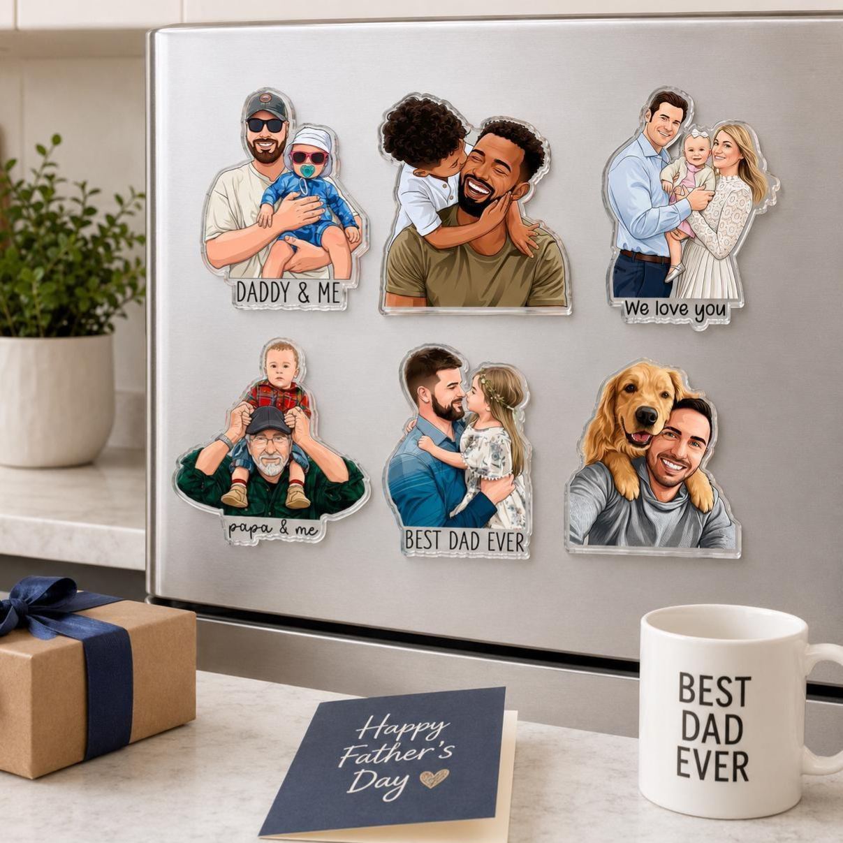 Personalized Portrait From Photo Dad And Kids Magnet: Custom Dad Photo Magnet, Fathers Day Gift For Dad, Gift For Husband, New Dad Gift - MyFaceSocksAU