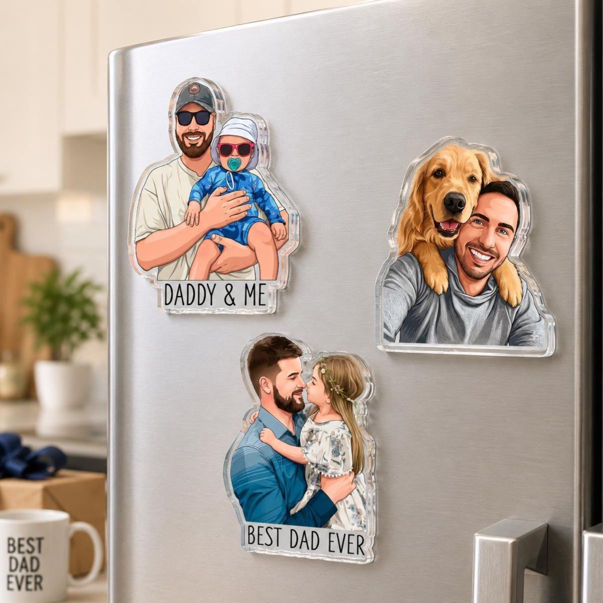 Personalized Portrait From Photo Dad And Kids Magnet: Custom Dad Photo Magnet, Fathers Day Gift For Dad, Gift For Husband, New Dad Gift - MyFaceSocksAU