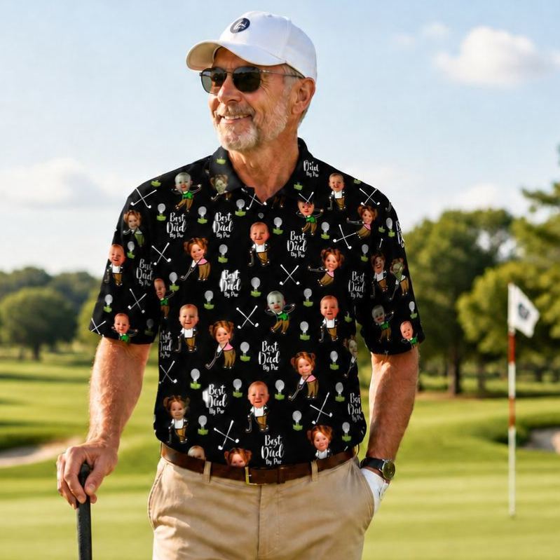 Custom Golf Polo Shirt for Dad, Personalized Photo Golf Shirt, Best Dad Golf Gift, Face Photo Polo, Father’s Day Shirt, Father's Day Gift - MyFaceSocksAU