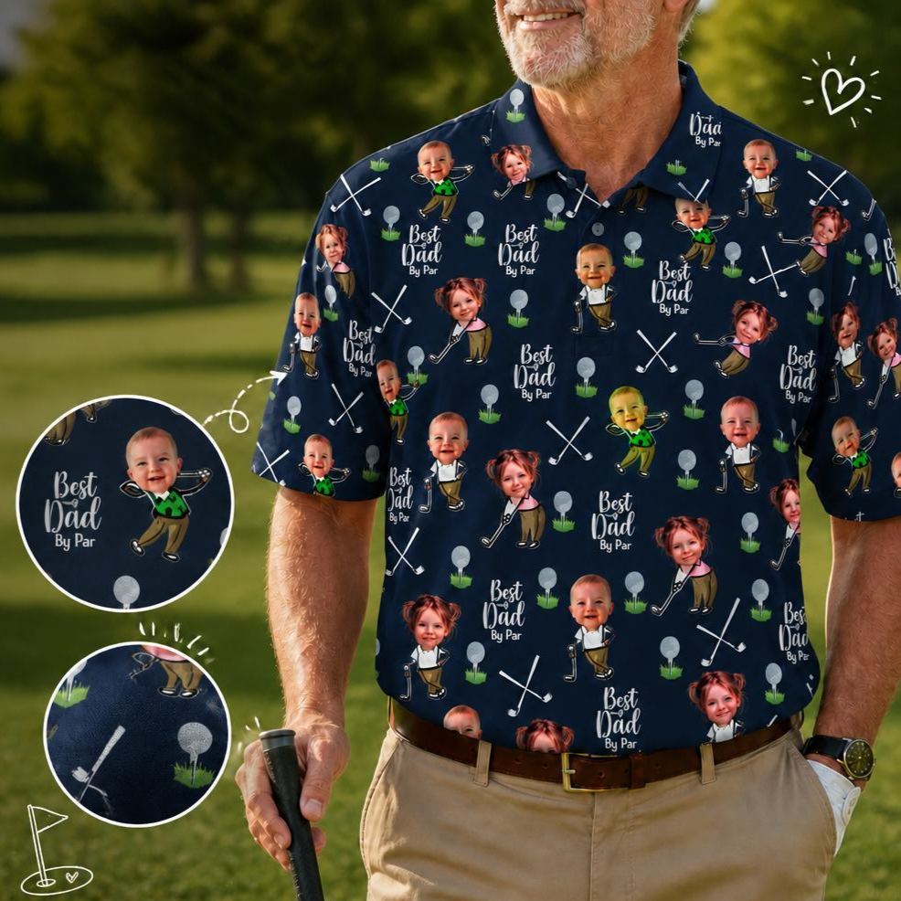 Custom Golf Polo Shirt for Dad, Personalized Photo Golf Shirt, Best Dad Golf Gift, Face Photo Polo, Father’s Day Shirt, Father's Day Gift - MyFaceSocksAU