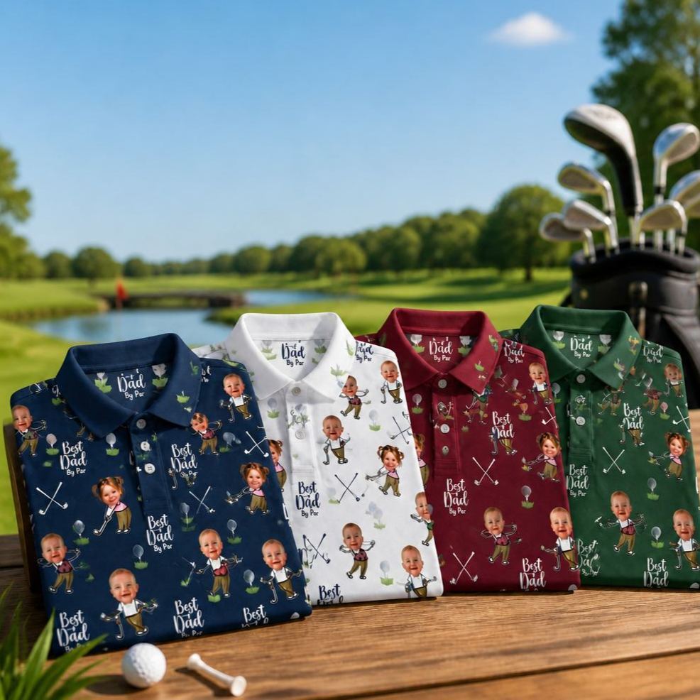 Custom Golf Polo Shirt for Dad, Personalized Photo Golf Shirt, Best Dad Golf Gift, Face Photo Polo, Father’s Day Shirt, Father's Day Gift - MyFaceSocksAU