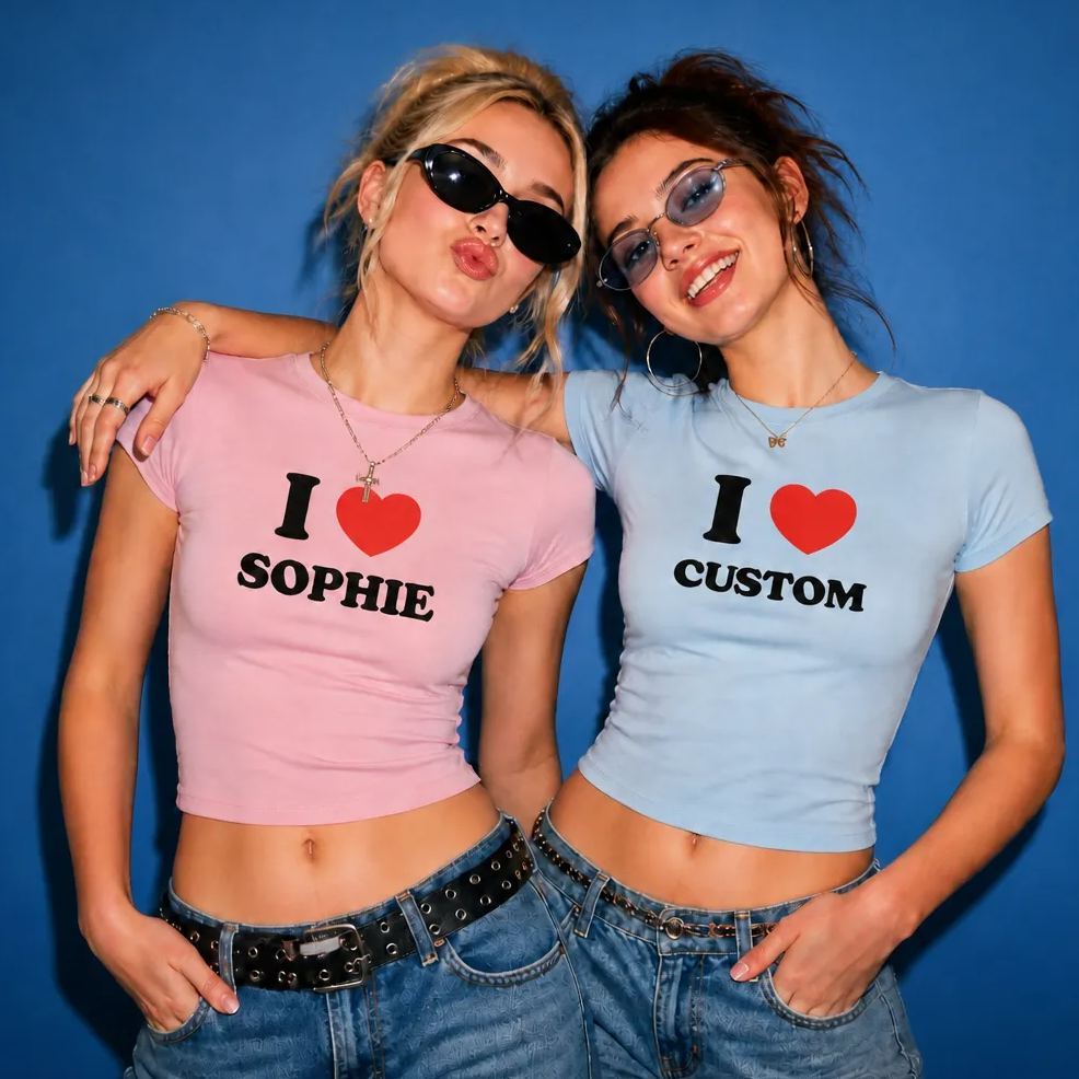 I Love Custom Baby Tee, I Heart Custom Shirt, Personalized Text Baby Tee, Personalized Y2K T-Shirt, Custom 90s T Shirt, Trendy Y2K Clothing - MyFaceSocksAU