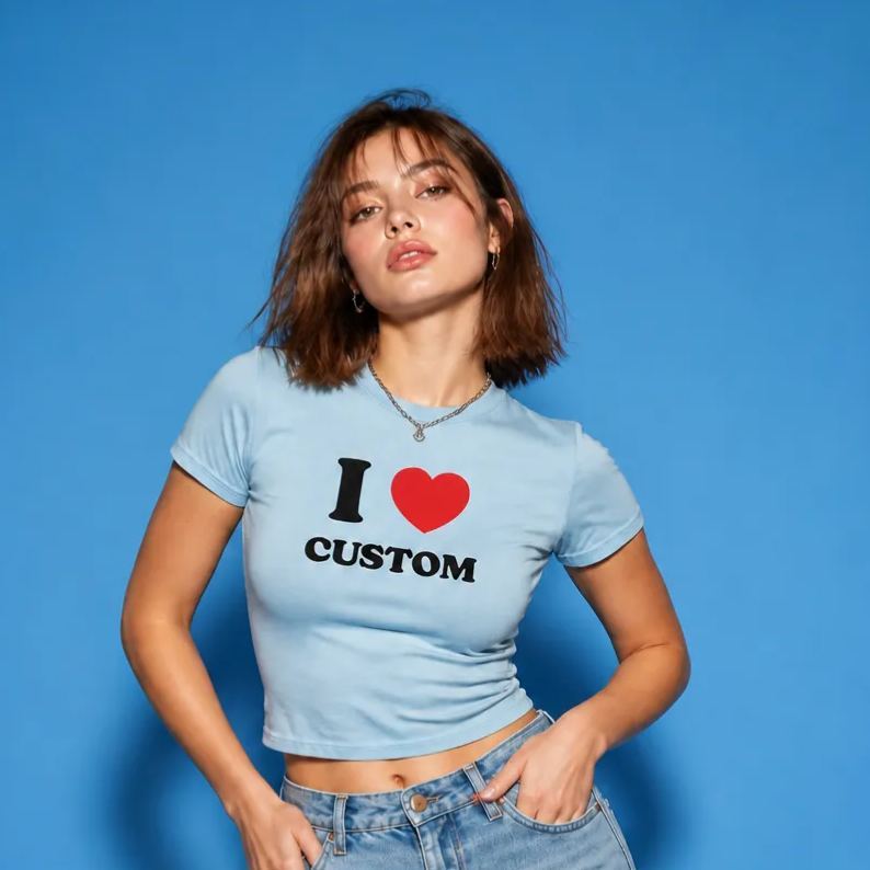 I Love Custom Baby Tee, I Heart Custom Shirt, Personalized Text Baby Tee, Personalized Y2K T-Shirt, Custom 90s T Shirt, Trendy Y2K Clothing - MyFaceSocksAU