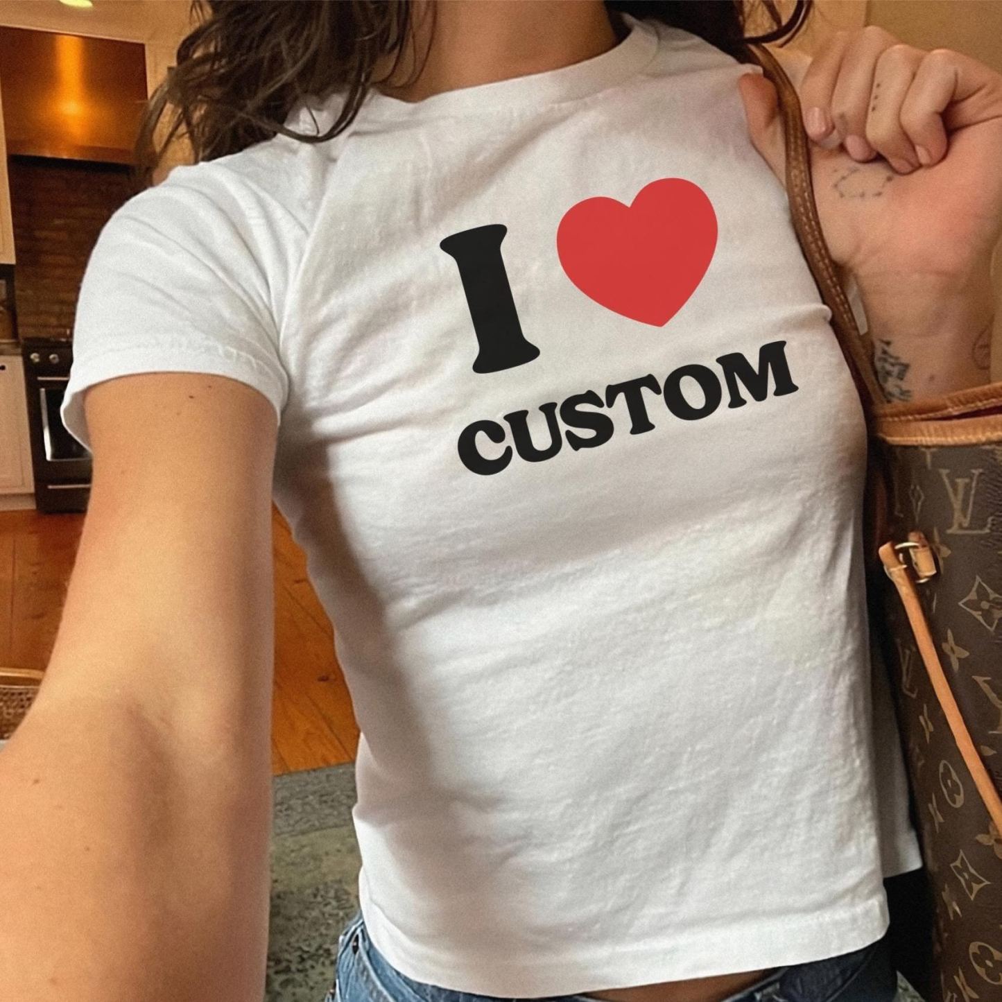 I Love Custom Baby Tee, I Heart Custom Shirt, Personalized Text Baby Tee, Personalized Y2K T-Shirt, Custom 90s T Shirt, Trendy Y2K Clothing - MyFaceSocksAU