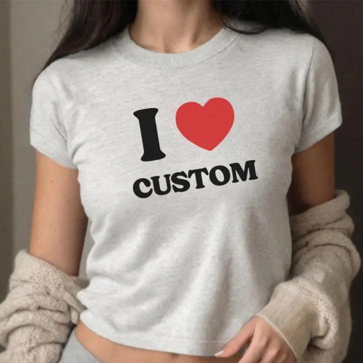 I Love Custom Baby Tee, I Heart Custom Shirt, Personalized Text Baby Tee, Personalized Y2K T-Shirt, Custom 90s T Shirt, Trendy Y2K Clothing - MyFaceSocksAU