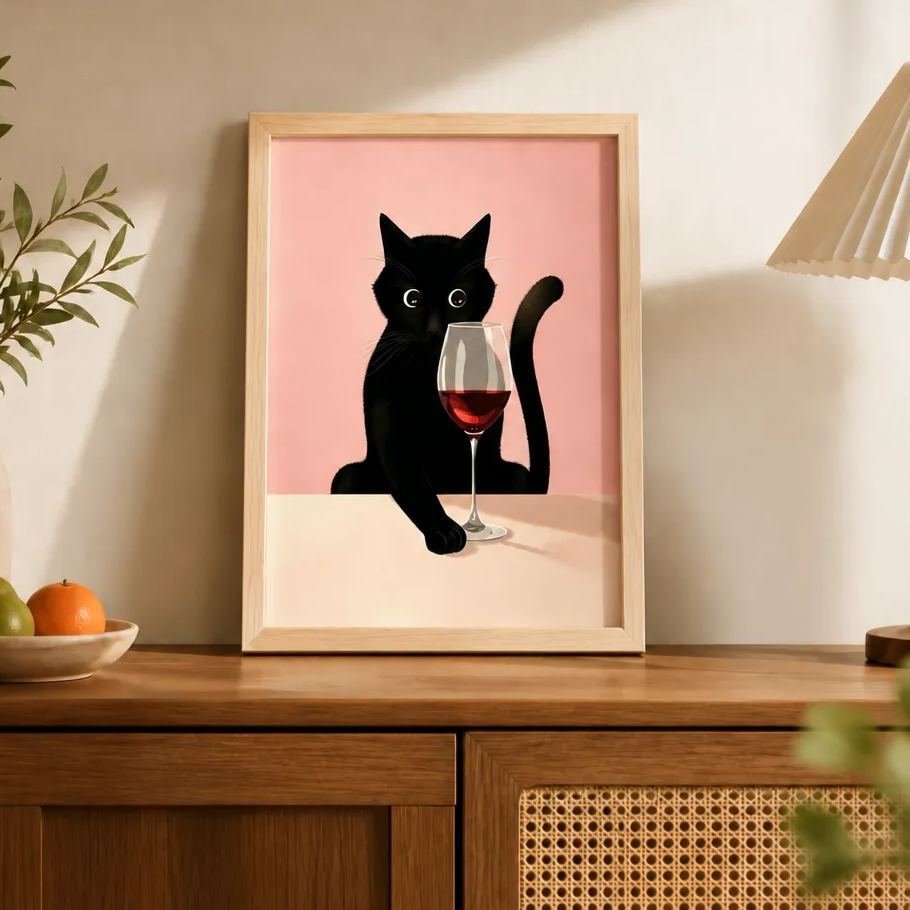 Cat And Wine Wooden Table Decor Black Cat with Red Wine Glass Desktop Ornament, Minimalist Cat Lover Gift, Cute Animal Shelf Decoration - MyFaceSocksAU