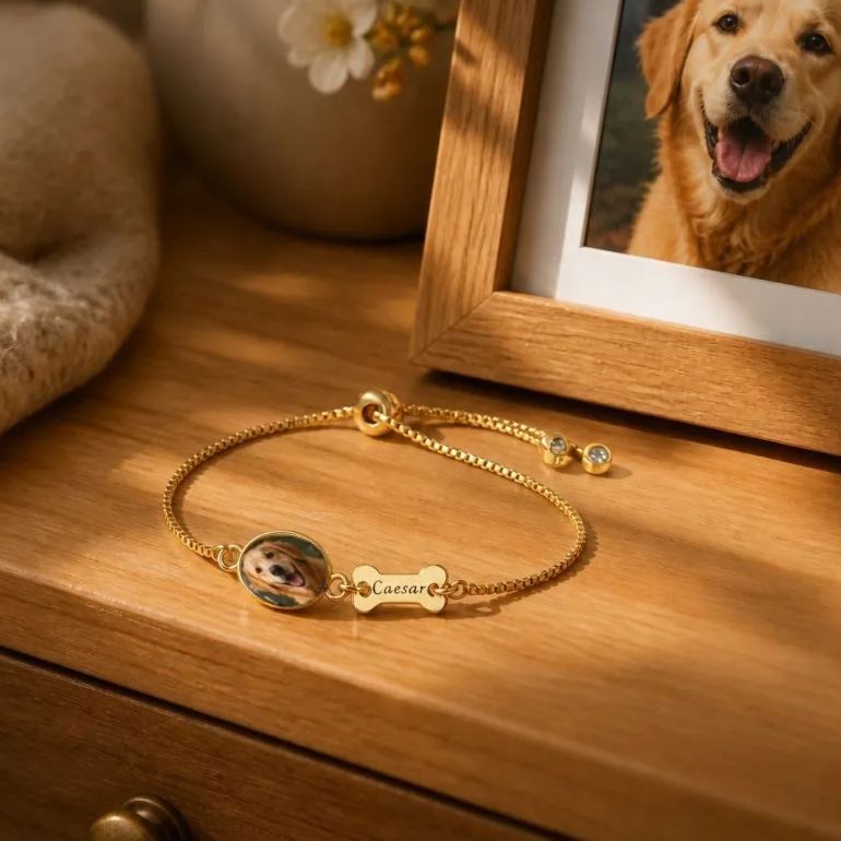 Personalized Pet Photo Bracelet, Custom Name Engraving & Pet Memorial Charm Jewelry, Cat Loss Gift, Remembering Pet - MyFaceSocksAU