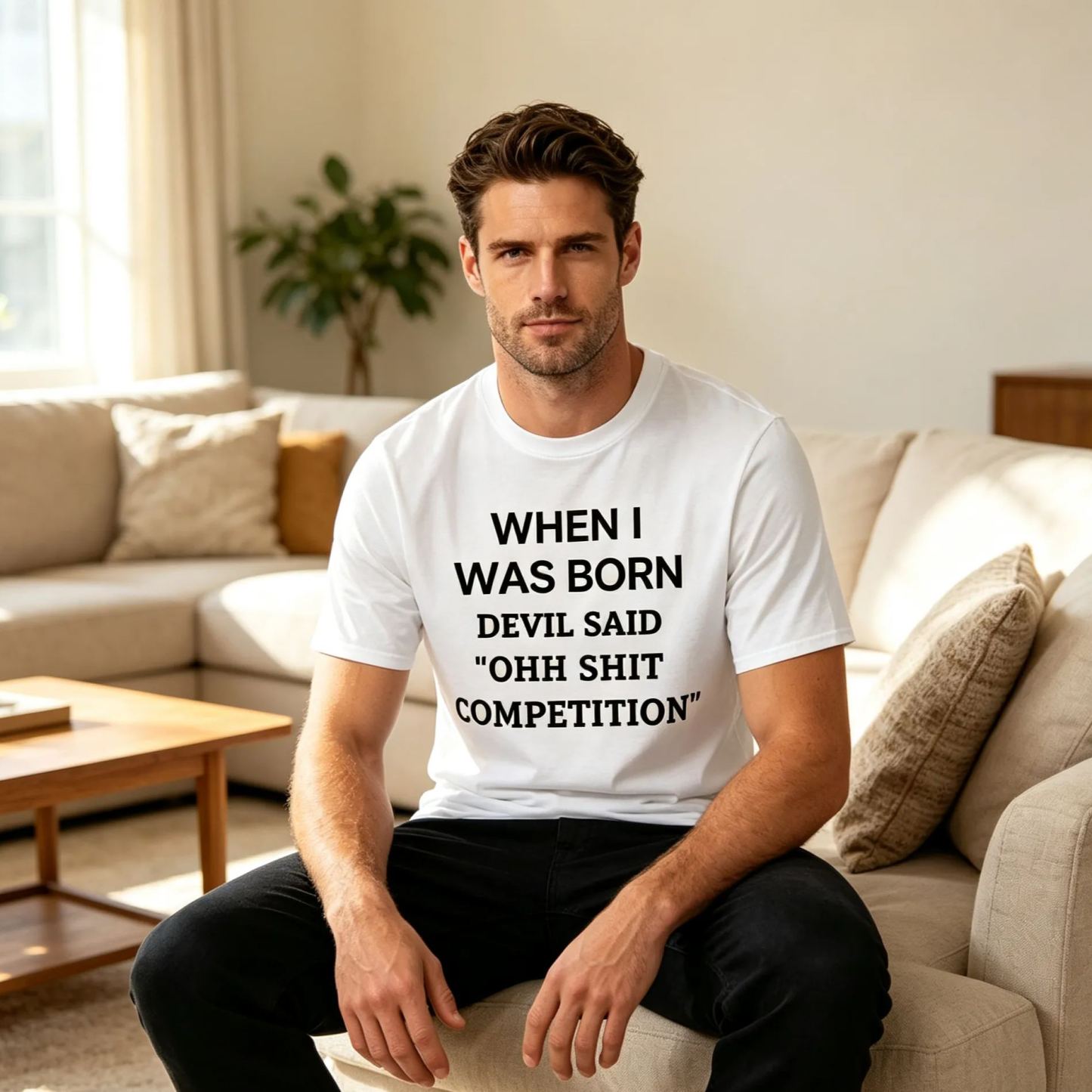 When I Was Born Devil Said "Ohh Sh*t Competition" Funny Graphic T-Shirt, Sarcastic Unisex Tee, Novelty Humor Gift Fathers Day Gift - MyFaceSocksAU