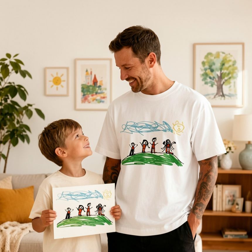 Custom Kids Drawing Embroidered T-Shirt – Personalized Child Artwork Tee, Custom Family Portrait Embroidery Shirt, Meaningful Gift for Mom, Dad & Grandparents - MyFaceSocksAU