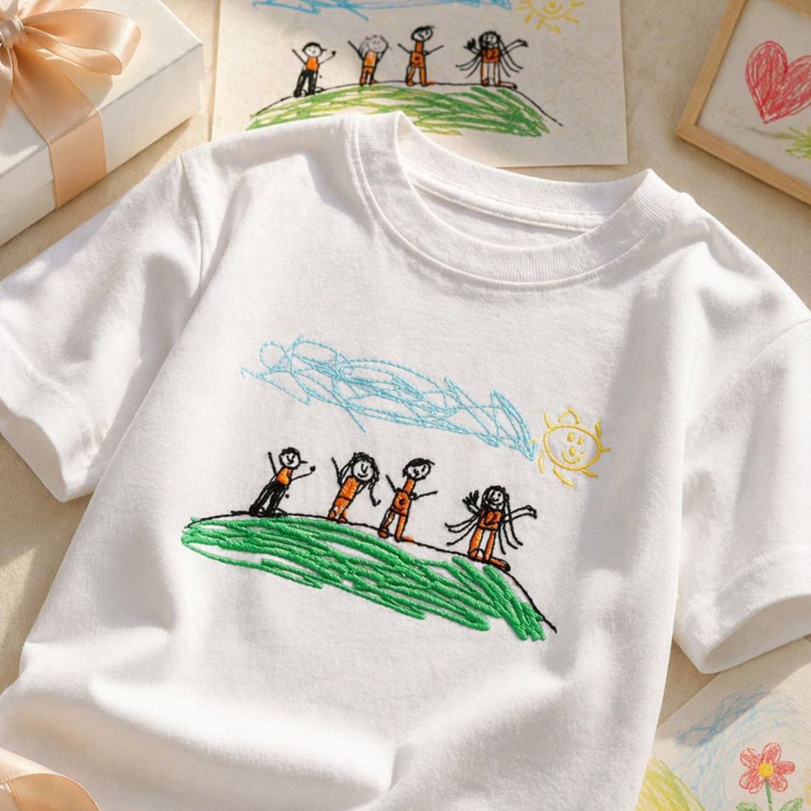 Custom Kids Drawing Embroidered T-Shirt – Personalized Child Artwork Tee, Custom Family Portrait Embroidery Shirt, Meaningful Gift for Mom, Dad & Grandparents - MyFaceSocksAU