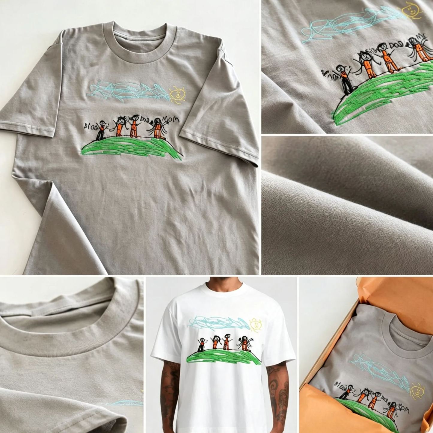 Custom Kids Drawing Embroidered T-Shirt – Personalized Child Artwork Tee, Custom Family Portrait Embroidery Shirt, Meaningful Gift for Mom, Dad & Grandparents - MyFaceSocksAU