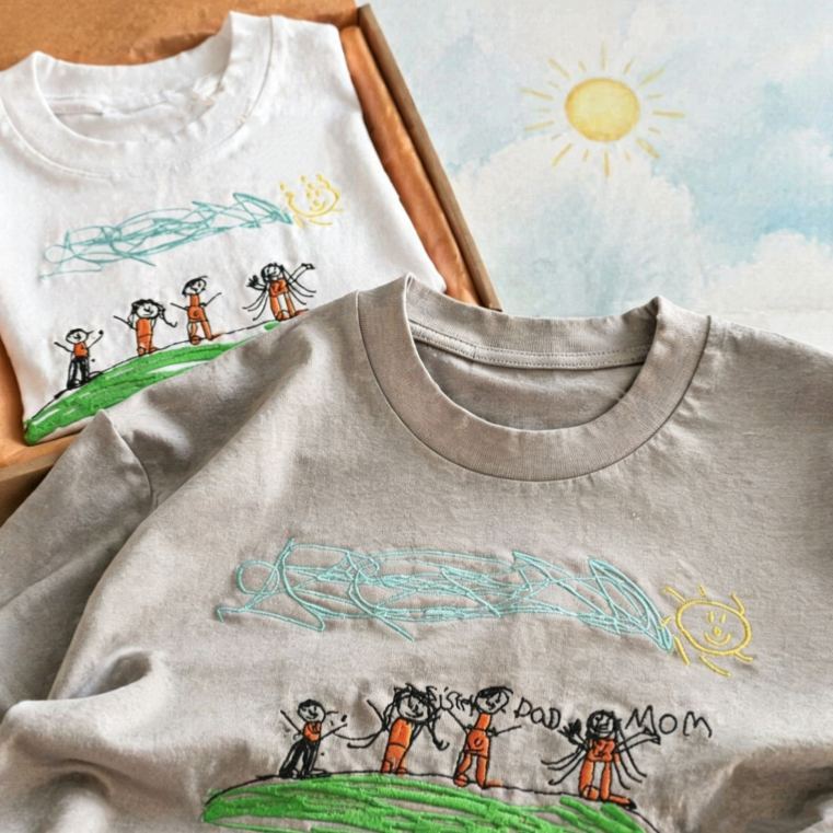 Custom Kids Drawing Embroidered T-Shirt – Personalized Child Artwork Tee, Custom Family Portrait Embroidery Shirt, Meaningful Gift for Mom, Dad & Grandparents - MyFaceSocksAU